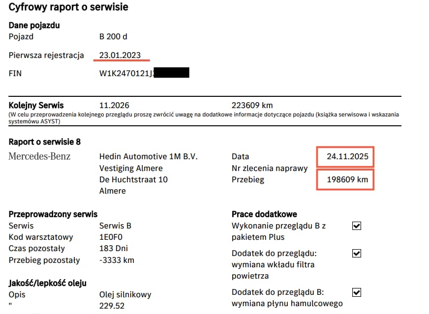 Cyfrowy raport DSB Mercedes klasy B – historia serwisowa ASO z przebiegiem 198 609 km po niecałych 3 latach eksploatacji