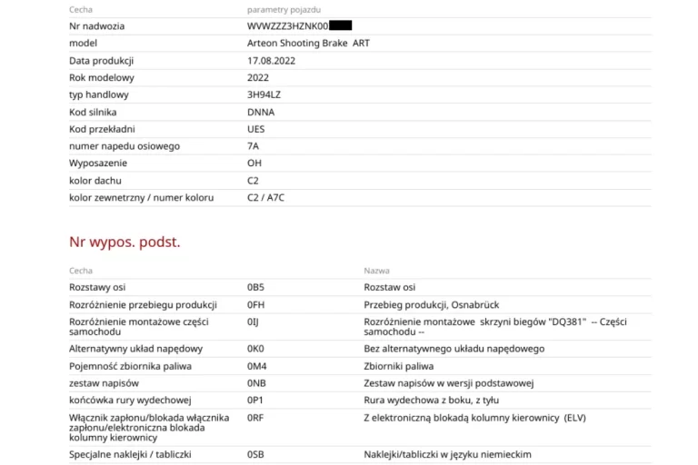 Fragment raportu wyposażenie Volkswagen z serwisu shop.jaksprawdzacauta.pl zawierający dokładną datę produkcji samochodu (17.08.2022), kod silnika DNNA, kod lakieru LA7C i kod skrzyni biegów DQ381