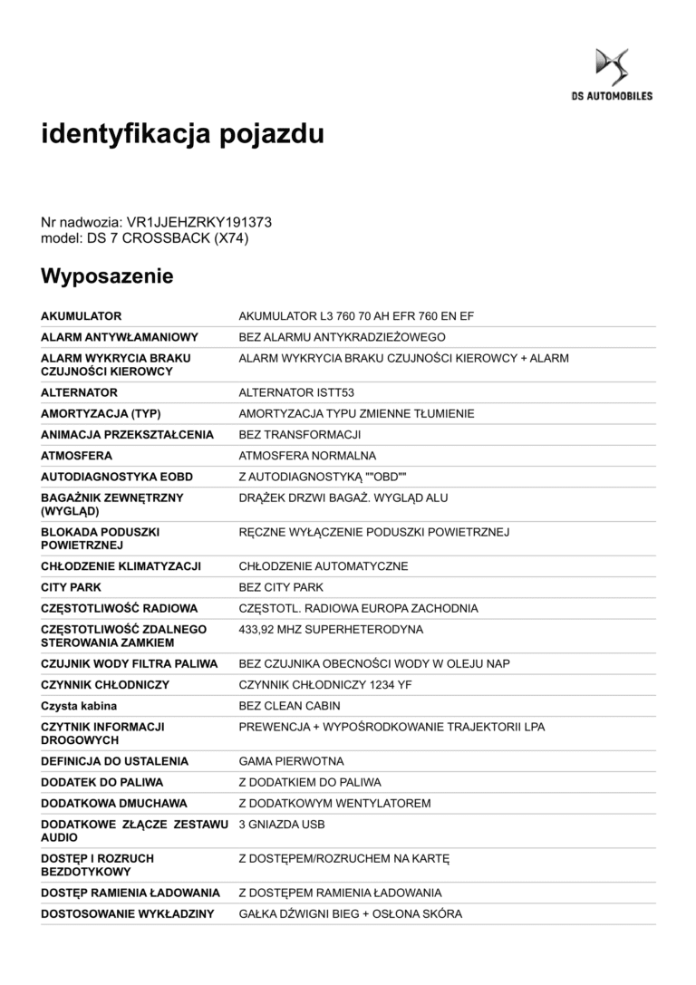 Wyposażenie po VIN DS 2