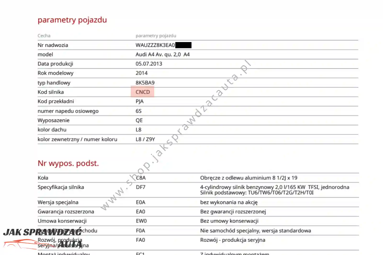 Fabryczna specyfikacja Audi A4 Avant z kodem CNCD i datą produkcji 5 lipca 2013 roku
