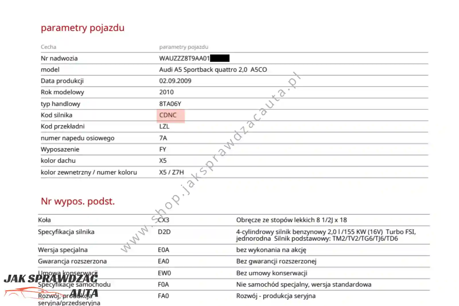Fabryczna specyfikacja Audi A5 Sportback z kodem silnika CDNC i datą produkcji 2 września 2009 roku