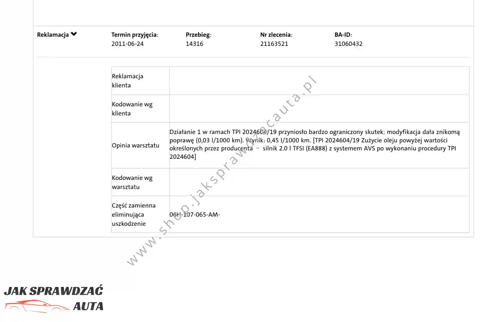 Ponowny pomiar zużycia oleju w ASO Audi – 0,45 l na 1000 km po wcześniejszej modyfikacji
