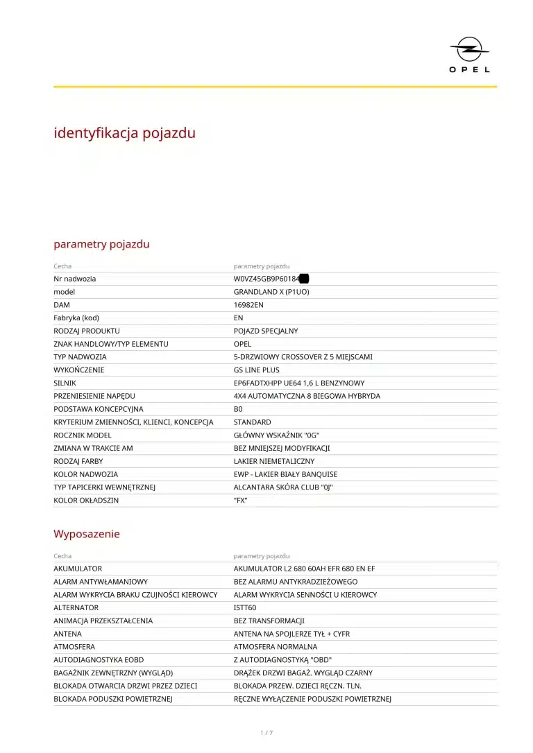 Przykładowy raport wyposażenia Opel po VIN – parametry pojazdu, silnik, kolor, tapicerka