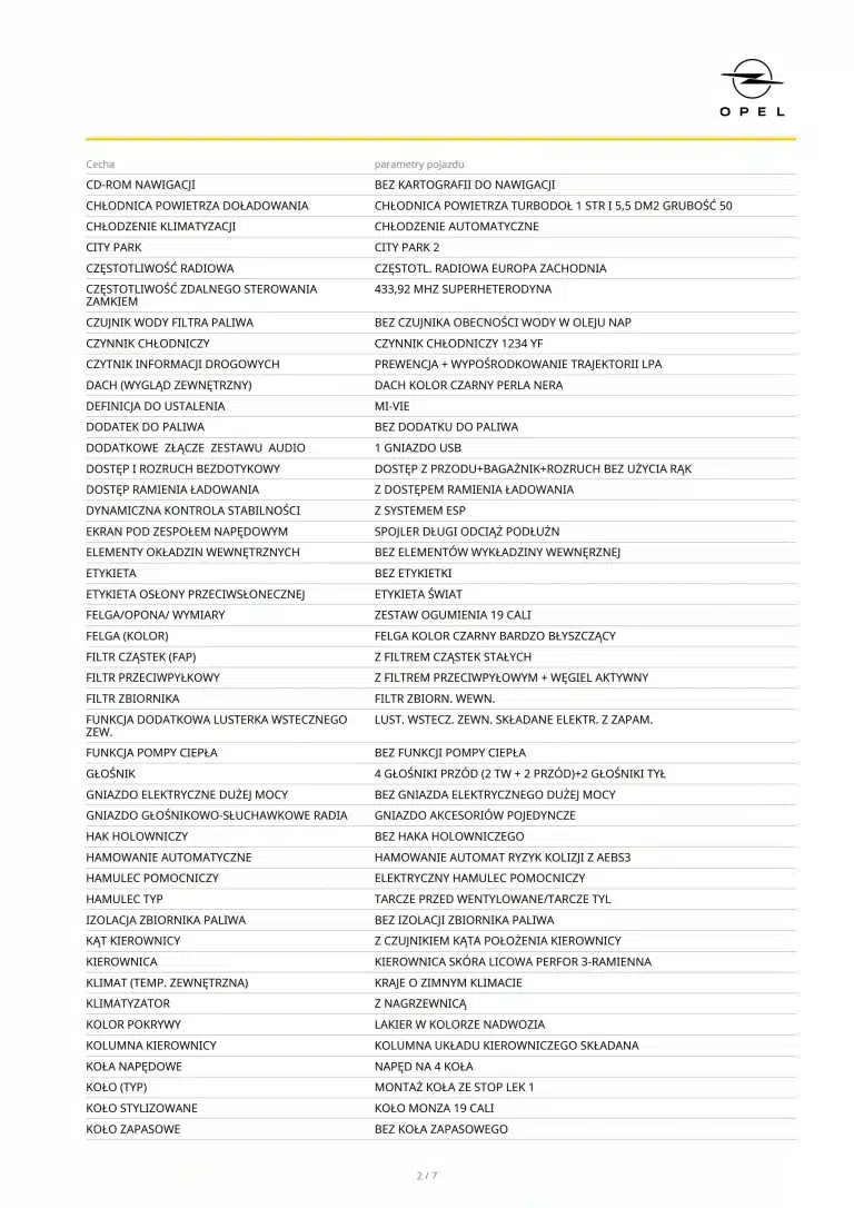 Raport wyposażenia Opel po VIN – lista wyposażenia fabrycznego, klimatyzacja, felgi, hamulce