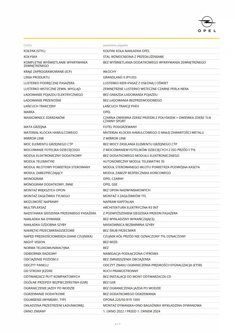 Raport wyposażenia Opel po VIN – lusterka, nawigacja, moduł telematyki, mocowanie fotelika