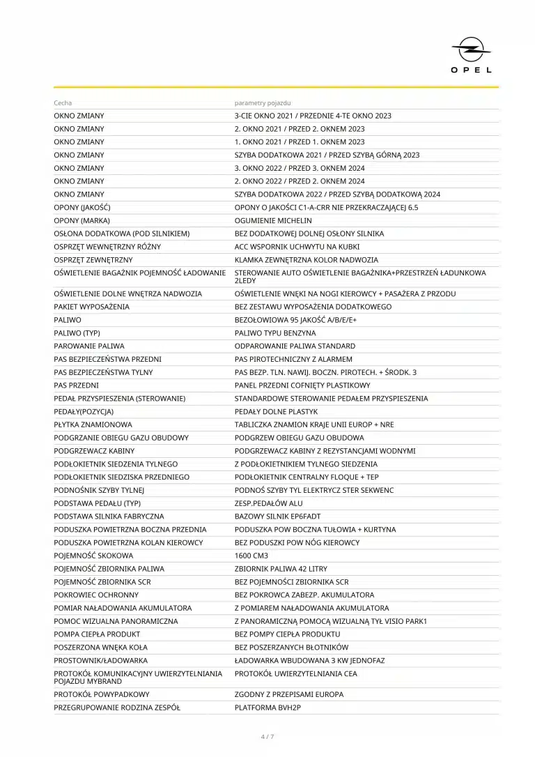 Raport wyposażenia Opel po VIN – opony, pasy bezpieczeństwa, podgrzewanie, pomoc parkingowa