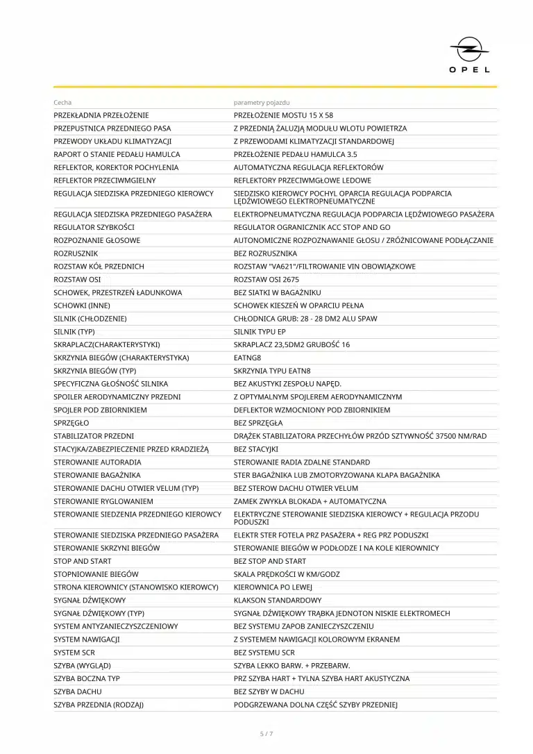 Raport wyposażenia Opel po VIN – ACC, ESP, rozpoznawanie głosu, sterowanie siedziskiem