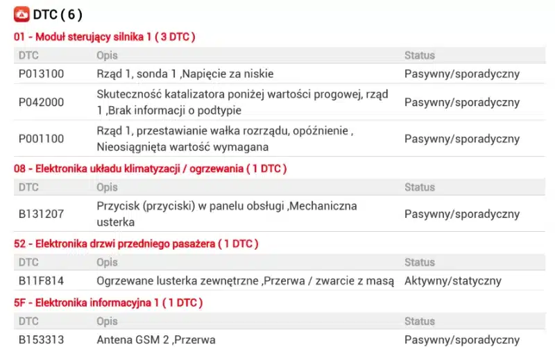 Diagnostyka komputerowa pojazdu — odczyt błędów DTC ze wszystkich modułów