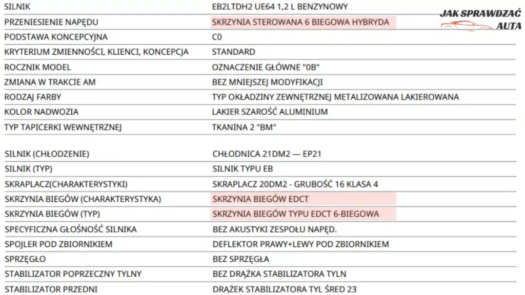 Dane fabryczne Opla Hybrid pokazujące skrzynię EDCT 6-biegową e-DCS6