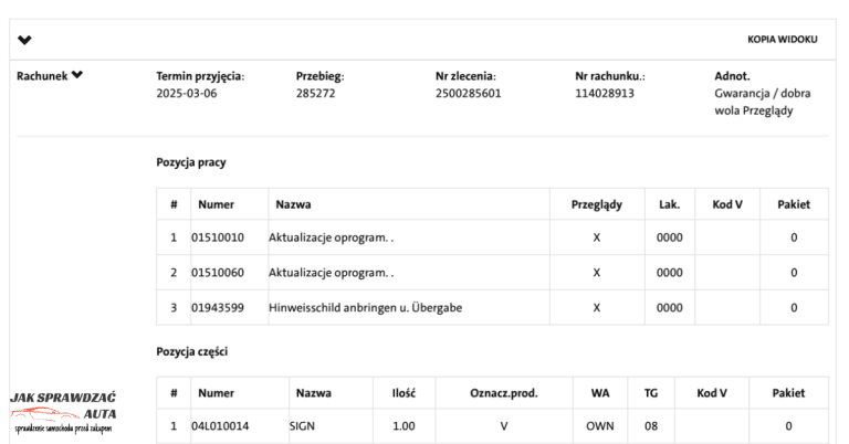 Cyfrowa historia serwisowa ASO Skoda z raportu VIN – widoczny wpis z 2025 roku potwierdzający przebieg 285 tys. km.