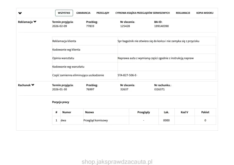 Przykładowy raport z historii serwisowej ASO Volkswagen pokazujący zgłoszenia usterek