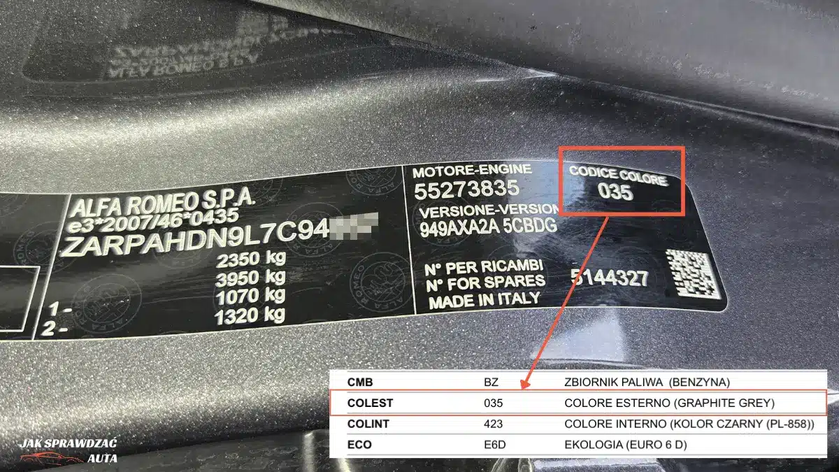 Tabliczka znamionowa Alfa Romeo z kodem lakieru na lewym słupku B od strony kierowcy – widoczny trzycyfrowy kod koloru