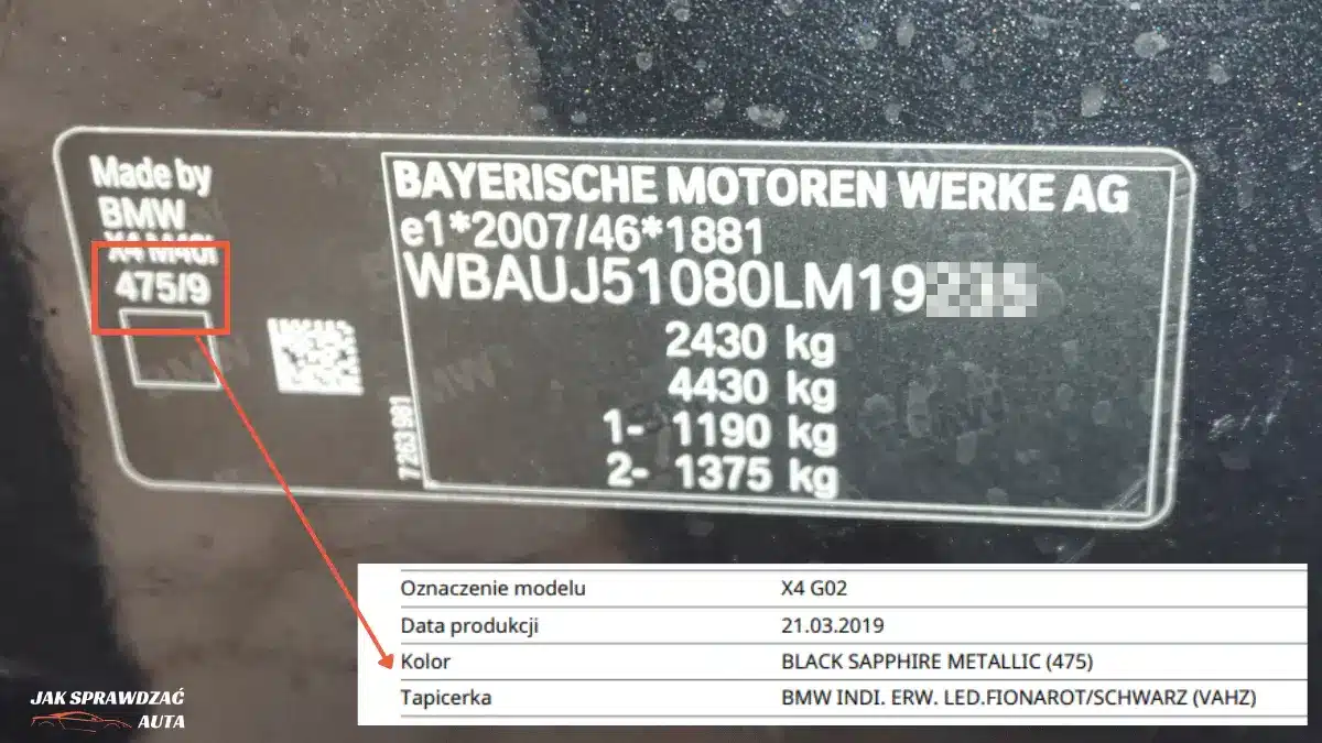 Tabliczka znamionowa BMW z kodem lakieru na lewym słupku B od strony kierowcy – widoczny alfanumeryczny kod koloru