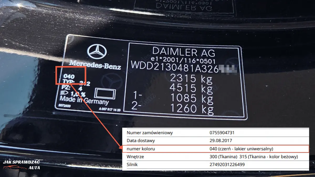Tabliczka znamionowa Mercedes-Benz z kodem lakieru na słupku B – widoczny trzycyfrowy kod koloru