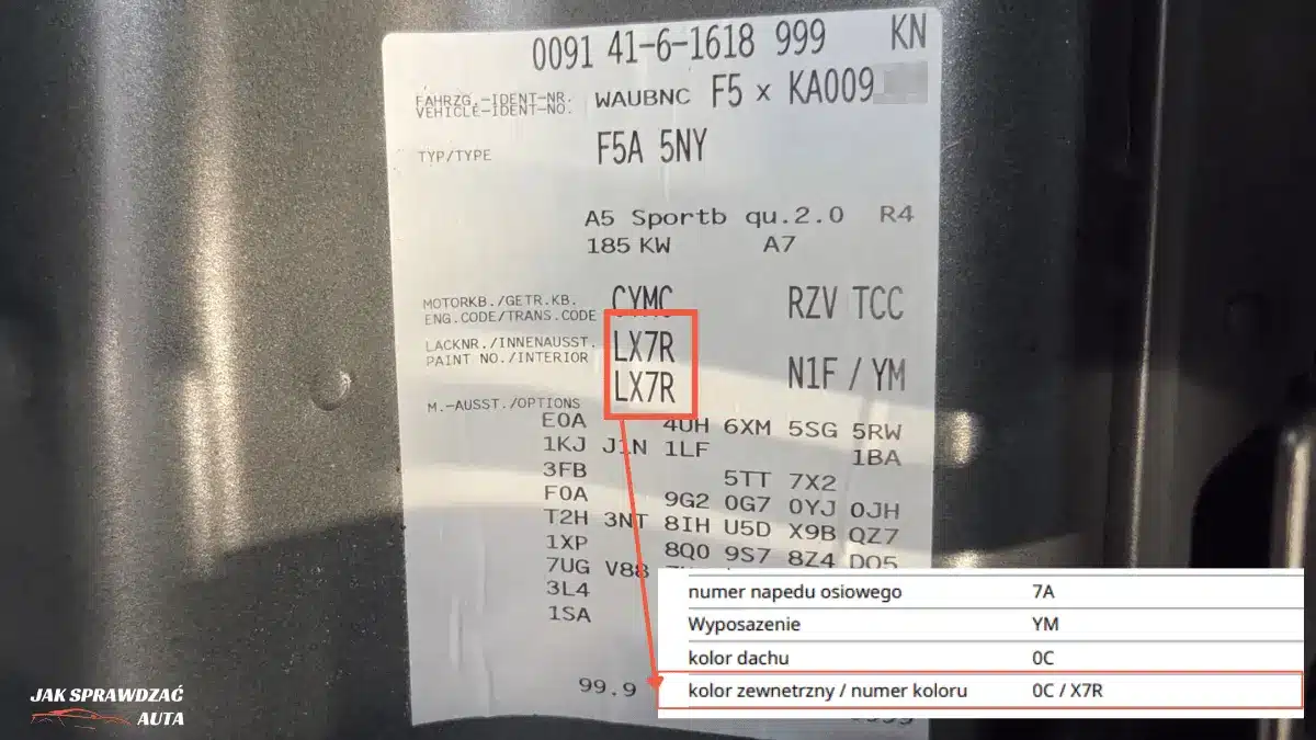 Papierowa naklejka z kodem lakieru we wnęce bagażnika – Volkswagen, Audi, Skoda, Seat, CUPRA, Porsche – widoczny czteroznakowy kod koloru