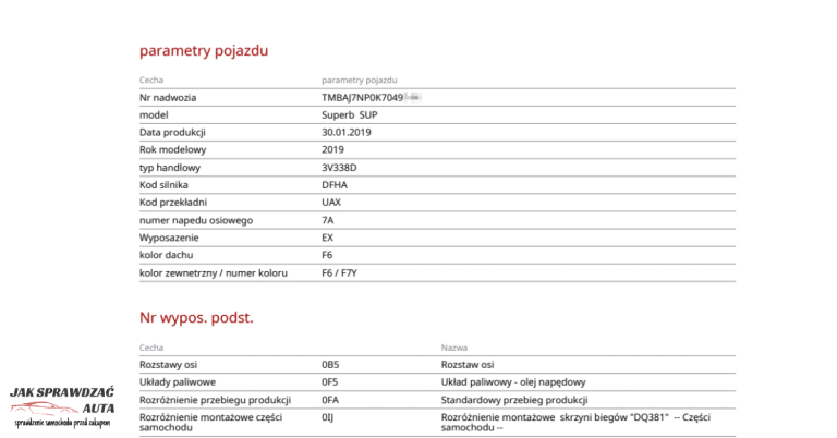 Sekcja parametry pojazdu w raporcie VIN Skoda: widoczna dokładna data produkcji 30.01.2019, kod silnika DFHA, kod lakieru LF7Y oraz kod skrzyni biegów DQ381