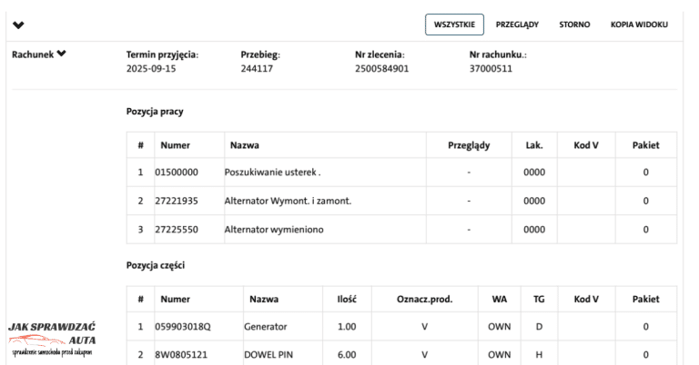 Szczegółowy wpis w historii serwisowej ASO Skoda dokumentujący wymianę alternatora oraz poszukiwanie usterek przy przebiegu 244 117 km