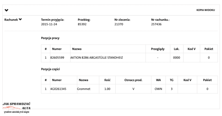 Fragment raportu VIN Skoda pokazujący historię serwisową ASO i wpis o wykonanej akcji serwisowej producenta.