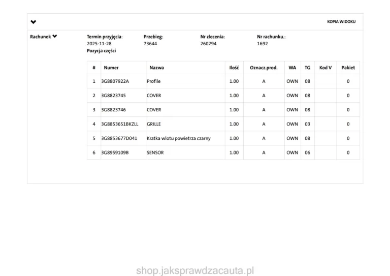 Historia serwisowa VW po numerze VIN - wykaz wymienionych części zderzaka i czujników