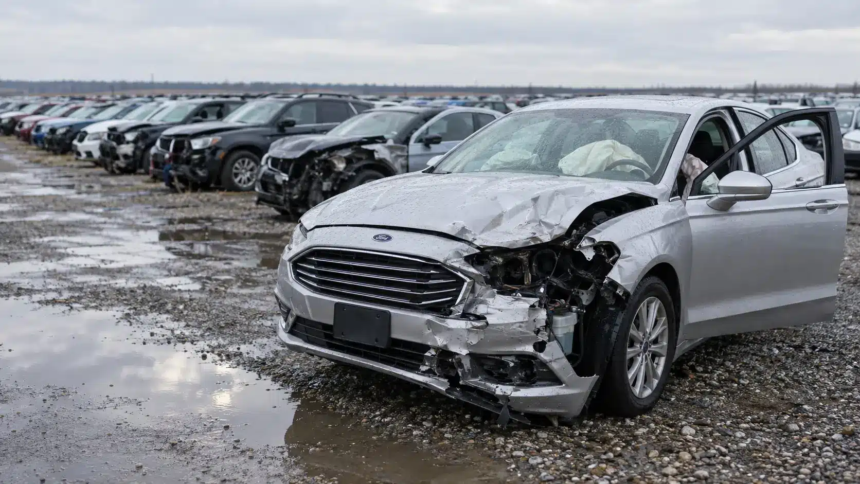 Uszkodzony samochód z USA na placu aukcyjnym — auto z salvage title przed sprzedażą